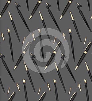 Seamless pattern with realistic 3D pens, pencils and feathers for writing. Stationery on a gray background. Vector texture