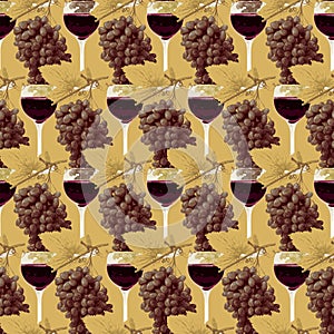 Seamless pattern with realistic bunches of grapes and glasses of red wine