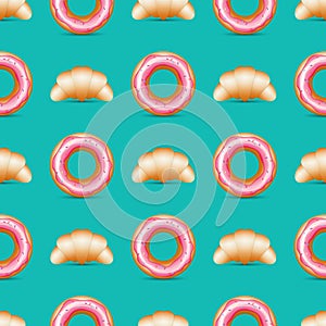 Seamless Pattern With Realistic Croissants And Donuts