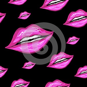 Seamless pattern of realistic female lips. fashionable makeup, pink lip gloss, kiss in realistic style. vector illustration for