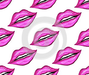 Seamless pattern of realistic female lips. fashionable makeup, pink lip gloss, kiss in realistic style. vector illustration for