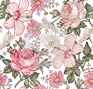 Seamless pattern realistic isolat flowers Vintage background Chamomile Rose hibiscus Drawing engraving Vector fabric illustration