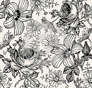 Seamless pattern. Realistic isolated flowers. Vintage background. Chamomile Rose hibiscus mallow. Wallpaper. Drawing engraving.