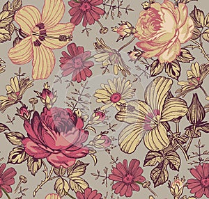 Seamless pattern. Realistic isolated flowers. Vintage background. Chamomile Rose hibiscus mallow. Wallpaper. Drawing engraving.
