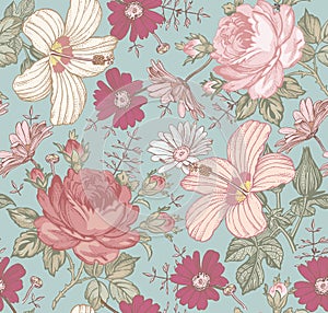 Seamless pattern. Realistic isolated flowers. Vintage background. Chamomile Rose hibiscus mallow wildflowers.