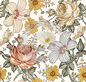 Seamless pattern. Realistic isolated flowers. Vintage background. Chamomile Rose hibiscus mallow wildflowers.