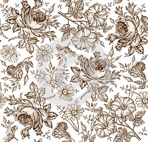 Seamless pattern. Realistic isolated flowers. Vintage background. Chamomile Rose Petunia wildflowers Drawing engraving Vector