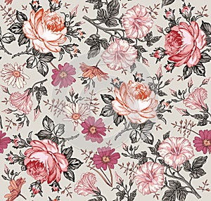 Seamless pattern. Realistic isolated flowers. Vintage background. Chamomile Rose Petunia wildflowers Drawing engraving Vector