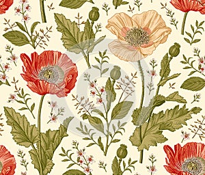 Seamless pattern realistic isolated flowers Vintage background Poppy Croton Drawing engraving Vector fabric illustration