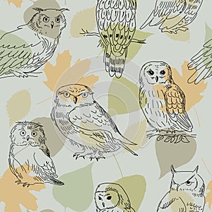 Seamless pattern with realistic owls on the background of leaves