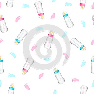 Seamless pattern from realistic pink and blue baby bottles, foot
