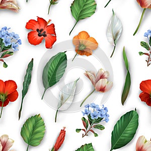 Seamless pattern of realistic tropical red hibiscus tulip and white  flowers with green leaves on white background