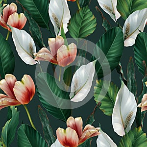 Seamless pattern of realistic tulip and white flowers with green leaves on dark background