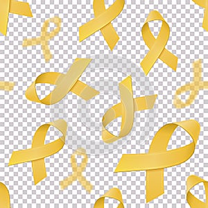 Seamless pattern with realistic Yellow ribbons on transparent background. Childhood Cancer Awareness symbol in September. Template