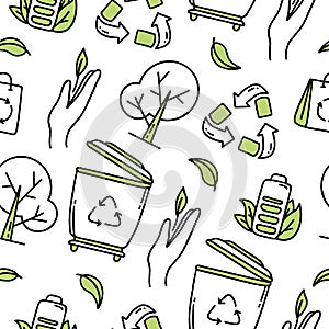 Seamless pattern. Recycling. Separation of garbage. Co2 concept of climate change. Vector isolated doodle