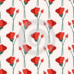 Seamless pattern with red alstroemeria flowers on a beige background