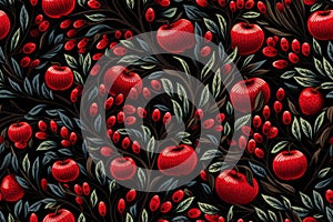 seamless pattern with red apples and berries on black background