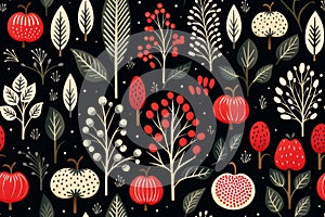 seamless pattern with red apples berries and leaves on a black background