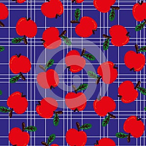 seamless pattern with red apples on a blue checkered background