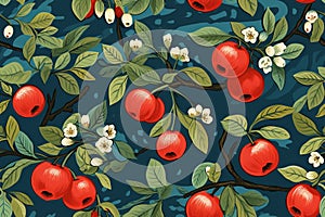 a seamless pattern with red apples on a branch