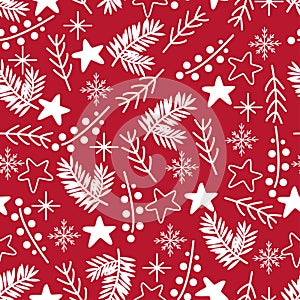 Seamless pattern with white christmas elements on red background - vector illustration, eps photo