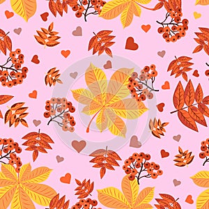 Seamless pattern with red berries, hearts and autumn leaves of orange, red and yellow flowers on a white background. For