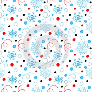 Seamless pattern of red, black and blue confetti and snowflakes. Vector illustration of winter symbols