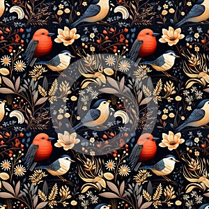 Seamless pattern with red blue birds and flowers on black background. Print for napkins, wallpaper.