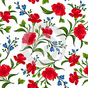 Seamless pattern with red and blue flowers. Vector illustration.