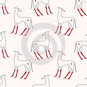 Seamless pattern of red boots cute whippet lovely greyhound silhouette on background. Vector Illustration of cute boho