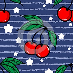 Seamless Pattern of red cherry with leaves, Fruit berry pattern, Sweet cherry on blue background