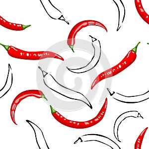 Seamless pattern with red chilli pepper on white background. Vector illustration of vegetables