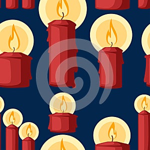 Seamless pattern. Red Christmas candle, burning wax candle. Flat  illustration on dark blue background