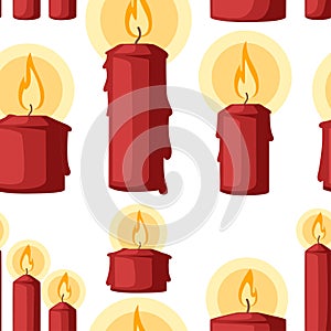 Seamless pattern. Red Christmas candle, burning wax candle. Flat  illustration on white background