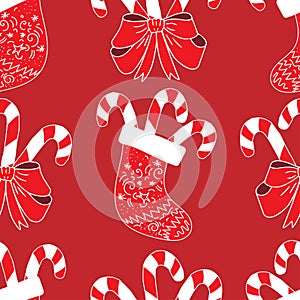Seamless pattern red Christmas sock with various ornaments, curls and swirls on a dark red background. In sock Christmas candy