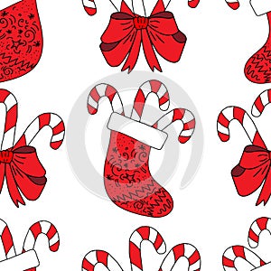 Seamless pattern red Christmas sock with various ornaments, curls and swirls on a white background. In sock Christmas candy canes