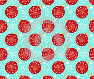 Seamless pattern with red Christmas tree balls and snowflake on green background in retro style