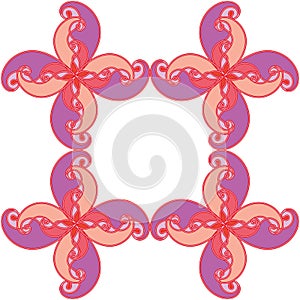 Seamless pattern with red contour abstract ornament with colorful geometric spinning flowers on white background