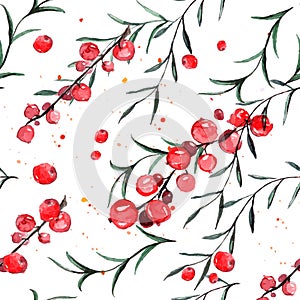 Seamless pattern with red currants and rosemary. watercolor tiled background.