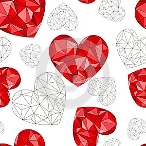 Seamless pattern of red diamond hearts on a white background.