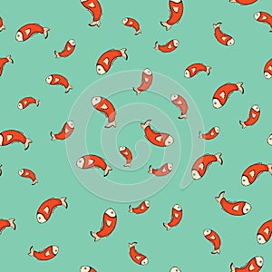 Seamless pattern red fish on bright green background
