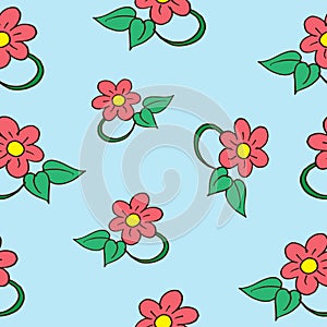 Seamless pattern with red flower with green leaf on blue background. beautiful decorative flower pattern. hand drawn vector. doodl