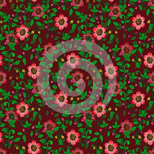 Seamless pattern of red flower vines on maroon background