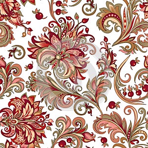 Seamless pattern of red flowers with berries on a white background
