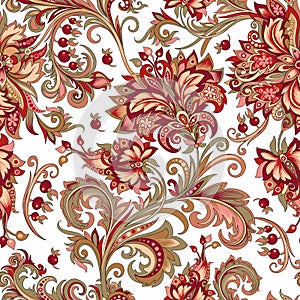 Seamless pattern of red flowers with berries on a white background