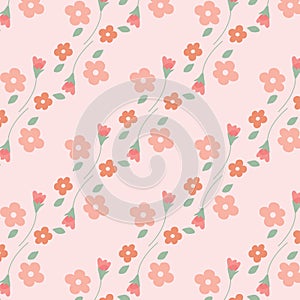 Seamless pattern with red flowers, Cute flowers with pink background.