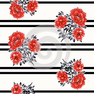 Seamless pattern of red flowers of peony on a white background with black double horizontal stripes. Watercolor