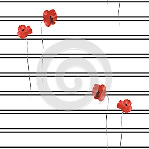 Seamless pattern of red flowers of poppy on a white background with black horizontal stripes. Watercolor