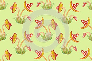 Seamless pattern with red fly agarics on a green background.