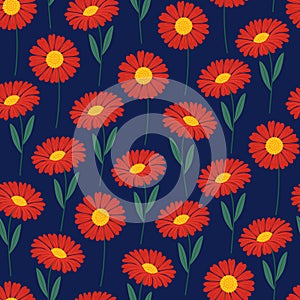 Seamless pattern with red gerbera flowers on a dark background